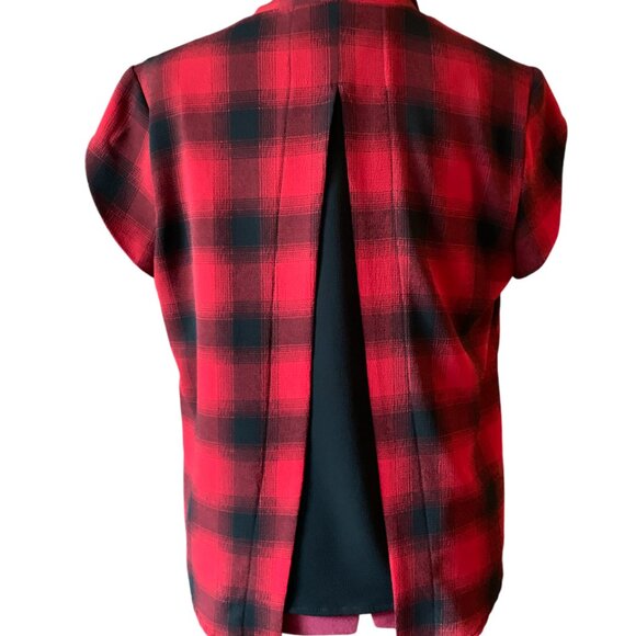 Annie 50- Red & Black plaid blouse - short sleeves tie neck open back - Large - Picture 4 of 9